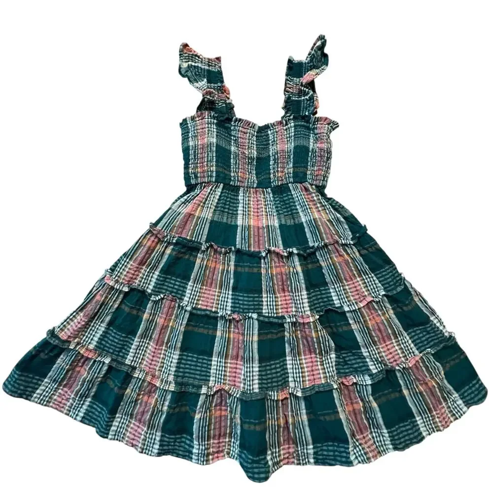 Crown & Ivy Kids Smocked Plaid Seersucker Ruffle Dress Girls Small Cotton